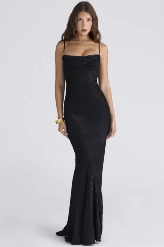 Vestido de Fiesta largo de satén devoré negro «Nalani» – Edición limitada