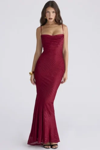 Vestido de Fiesta largo de satén devoré rojo intenso Nalani – Edición limitada