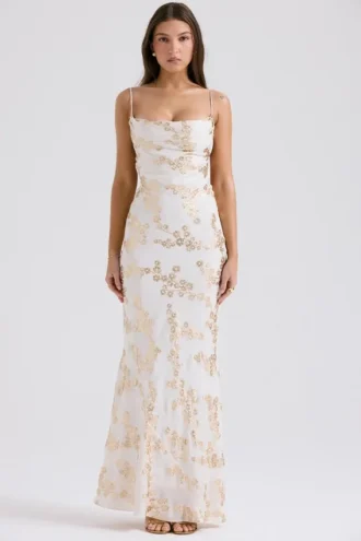 Vestido de Fiesta largo de satén jacquard blanco y dorado «Capriana»