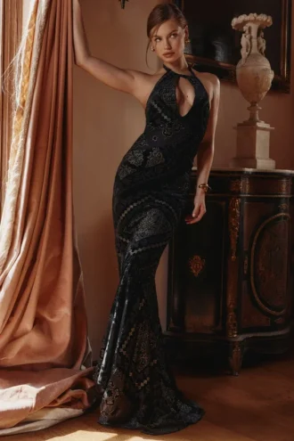 Vestido de Fiesta largo de terciopelo devoré negro y dorado «Oliviana»