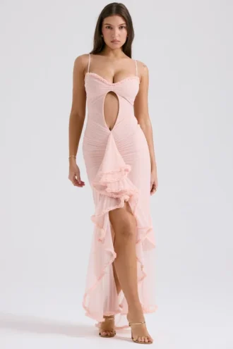 Vestido de Fiesta largo «Gabriella» en color melocotón suave con volantes en la parte delantera