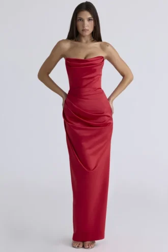 Vestido de Fiesta sin tirantes de satén escarlata «Adrienne»
