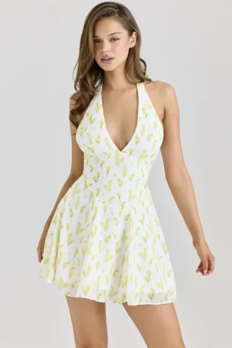 Vestido de georgette con cuello halter y estampado floral Iris Lemon
