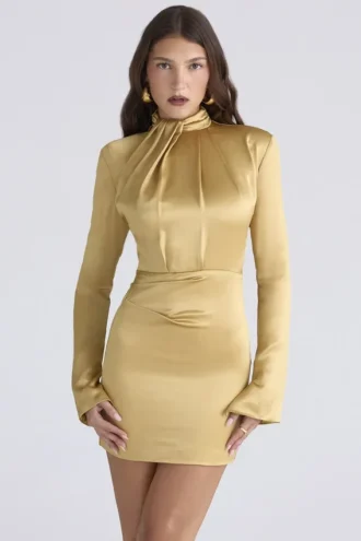 Vestido de satén de manga larga Amala Gold