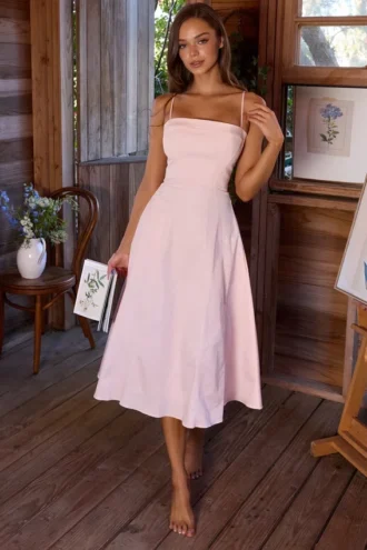 Vestido de Verano acampanado de algodón satinado rosa Dolly