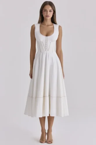 Vestido de Verano blanco de algodón con cintura ajustada «Solana»