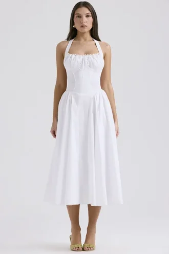 Vestido de Verano blanco de algodón con cuello halter de Adabella