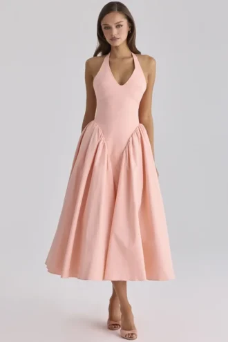 Vestido de Verano de algodón color melocotón con cuello halter «Marilyn»