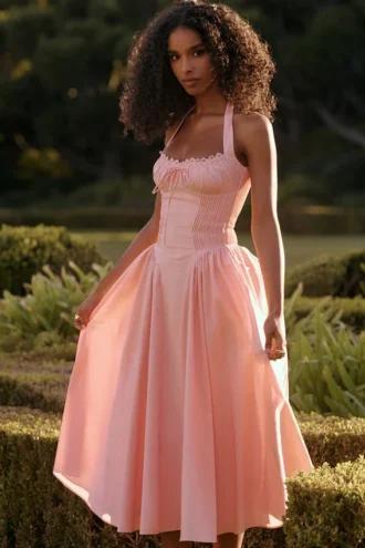 Vestido de Verano de algodón con cuello halter rosa Adabella Rose