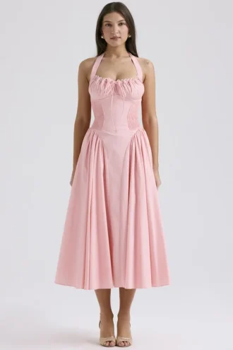 Vestido de Verano de algodón con cuello halter rosa Adabella Rose