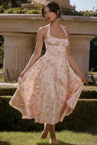 Vestido de Verano de algodón con cuello halter y estampado de pradera rosa «Adabella»