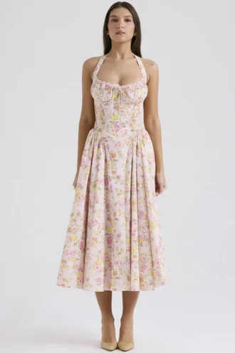 Vestido de Verano de algodón con cuello halter y estampado de pradera rosa «Adabella»