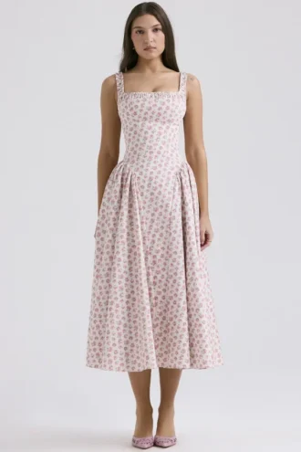 Vestido de Verano de algodón con estampado de capullos de rosa «Dorothy»