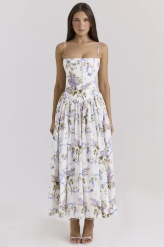 Vestido de Verano de algodón con estampado de cintas vintage en color blanco roto de Ysabella
