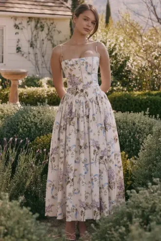 Vestido de Verano de algodón con estampado de cintas vintage en color blanco roto de Ysabella