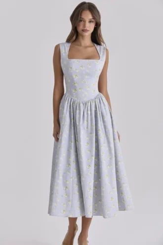 Vestido de Verano de algodón con estampado de flores silvestres Emmy Blue
