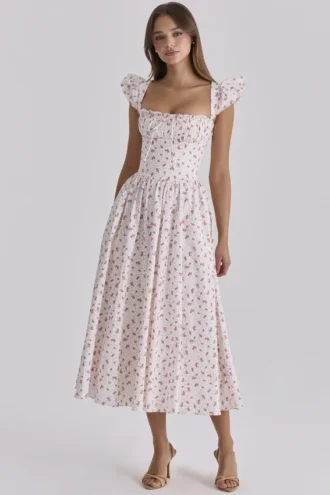Vestido de Verano de algodón con estampado de rosas blancas de Livia