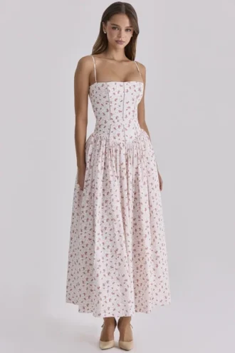 Vestido de Verano de algodón con estampado de rosas blancas «Ysabella»