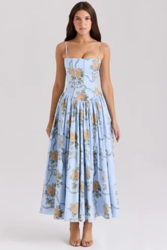 Vestido de Verano de algodón con estampado de rosas vintage azul «Ysabella»