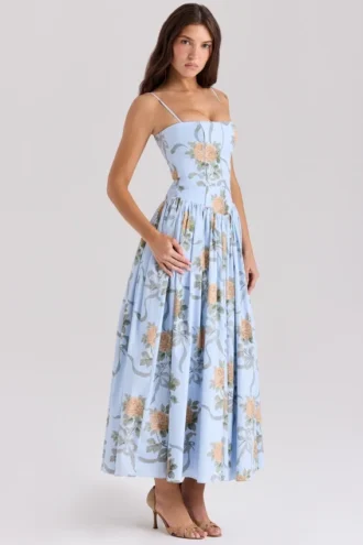 Vestido de Verano de algodón con estampado de rosas vintage azul «Ysabella»