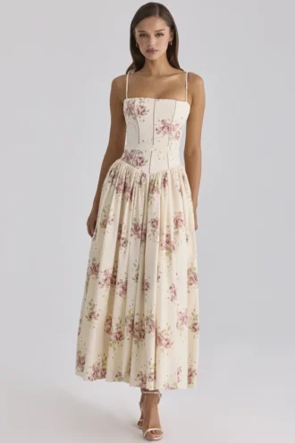 Vestido de Verano de algodón con estampado de rosas vintage «Ysabella» en color marfil