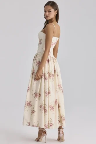 Vestido de Verano de algodón con estampado de rosas vintage «Ysabella» en color marfil