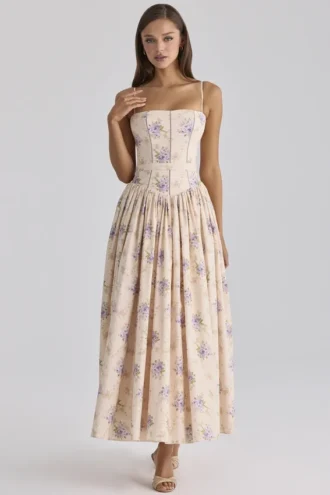 Vestido de Verano de algodón con estampado floral de peonías «Ysabella» en color marfil