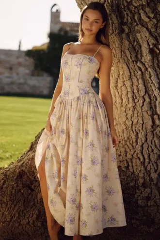 Vestido de Verano de algodón con estampado floral de peonías «Ysabella» en color marfil