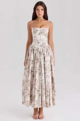 Vestido de Verano de algodón con estampado floral en color crema «Ysabella»