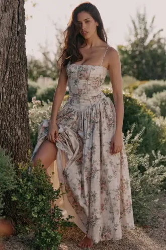 Vestido de Verano de algodón con estampado floral en color crema «Ysabella»