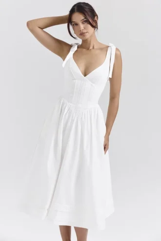 Vestido de Verano de algodón con pliegues «Hattie» en blanco