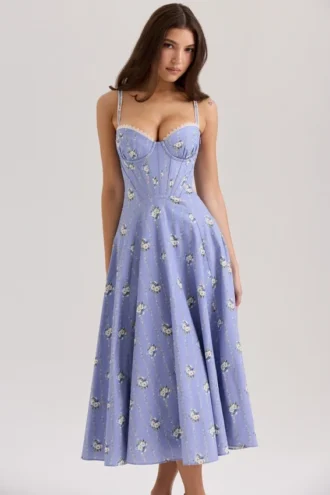 Vestido de Verano de algodón elástico con estampado de margaritas azules «Steffani»