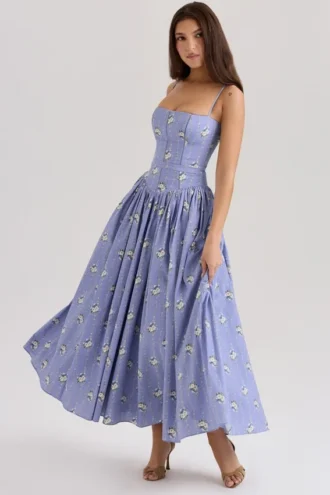 Vestido de Verano de algodón elástico con estampado de margaritas azules «Ysabella»