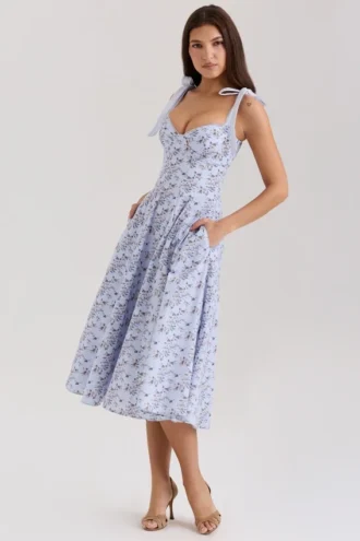 Vestido de Verano de algodón elástico con estampado floral azul «Emely»