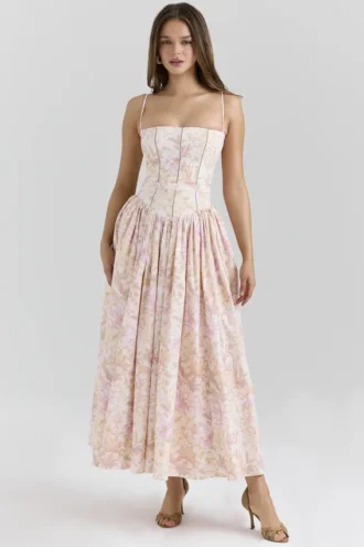 Vestido de Verano de algodón elástico con estampado floral melocotón «Ysabella»