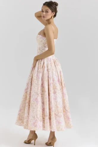Vestido de Verano de algodón elástico con estampado floral melocotón «Ysabella»