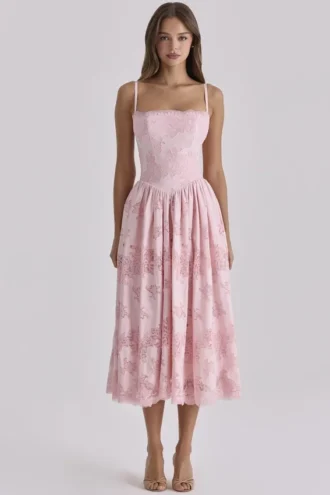 Vestido de Verano de algodón rosa con encaje broderie anglaise «Chloe»