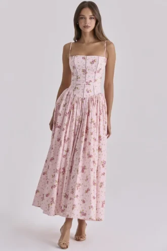 Vestido de Verano de algodón rosa con estampado de rosas vintage «Ysabella»