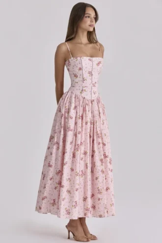 Vestido de Verano de algodón rosa con estampado de rosas vintage «Ysabella»