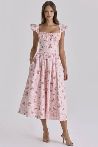 Vestido de Verano de algodón rosa vintage con estampado de rosas «Livia»