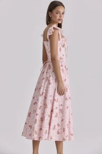 Vestido de Verano de algodón rosa vintage con estampado de rosas «Livia»