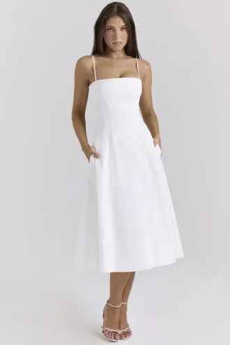 Vestido de Verano de corte A de algodón elástico blanco Dolly