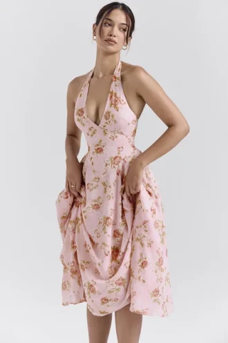 Vestido de Verano de tirantes de georgette con estampado de rosas vintage inglés «Solada»