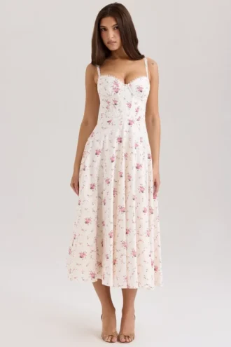Vestido de Verano elástico de algodón blanco con estampado de rosas «Steffani»