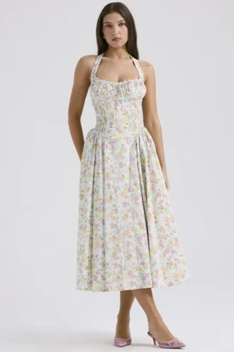 Vestido de Verano halter de algodón con estampado de pradera azul pálido «Adabella»