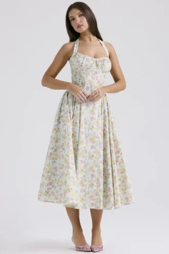 Vestido de Verano halter de algodón con estampado de pradera azul pálido «Adabella»