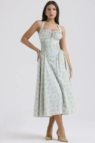 Vestido de Verano halter de algodón con estampado floral vintage azul claro «Adabella»