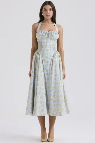 Vestido de Verano halter de algodón con estampado floral vintage azul claro «Adabella»