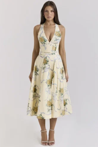 Vestido de Verano halter de algodón elástico con lazo «Allena» en color limón