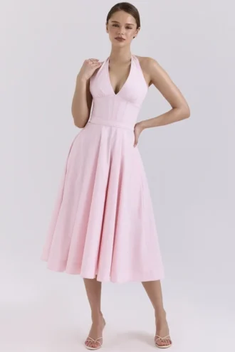 Vestido de Verano halter de algodón elástico rosa «Allena»